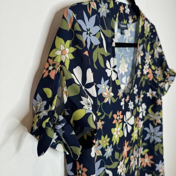 ModCloth Ideal Discovery Floral Tie Short Sleeve V-Neck Blouse Blue, Size Medium - Picture 3 of 5